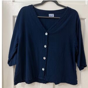 Oh My Gauze Blouse Sz 1, M  Navy Blue Button Up Minimalist V-Neck Coastal